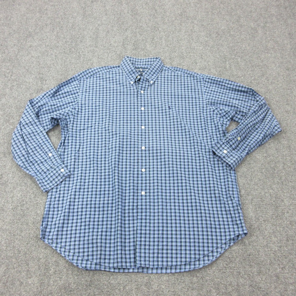 VTG Ralph Lauren Shirt Mens L Blue Plaid Cotton Long Sleeve Button Front Casual
